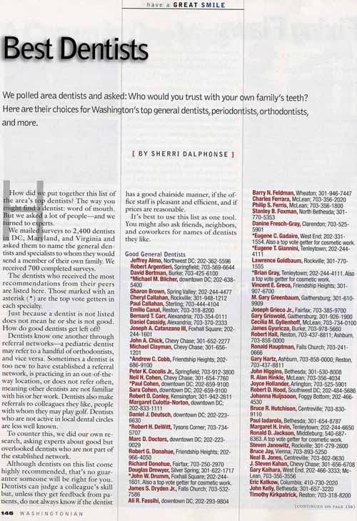 Washingtonian Magazine polled dentists to vote for the 'Best Dentists' in the   Washington, DC area. Dr. Joel Sendroff was voted for the second time as a   dentist 